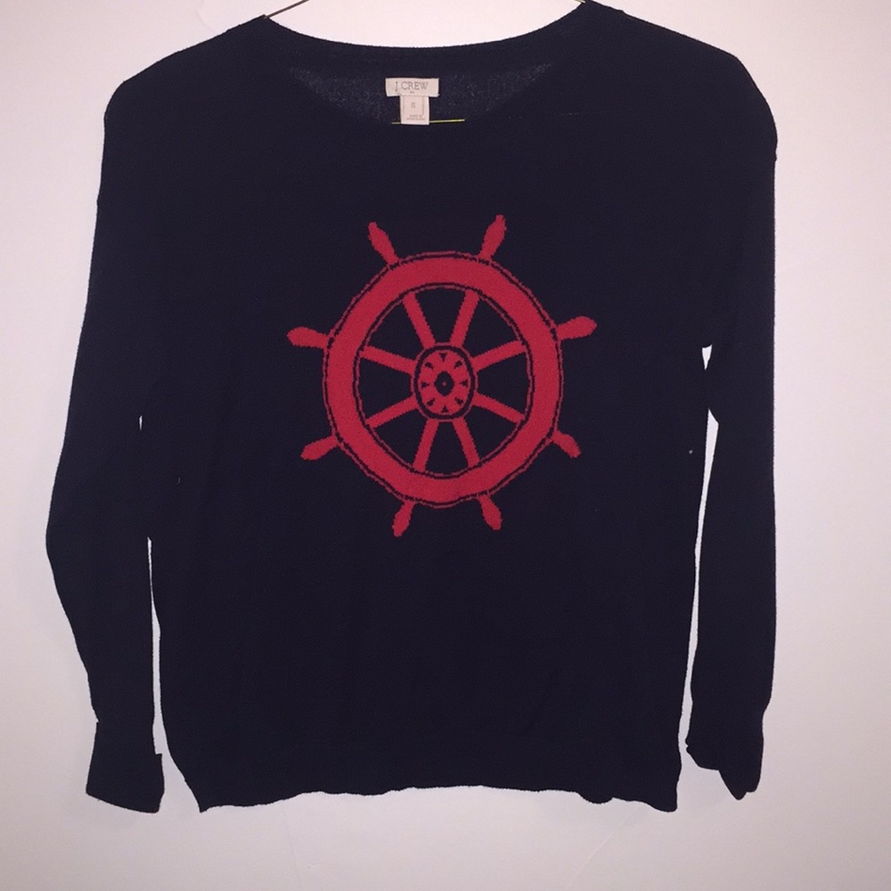 Navy J. Crew sweater with red wheel